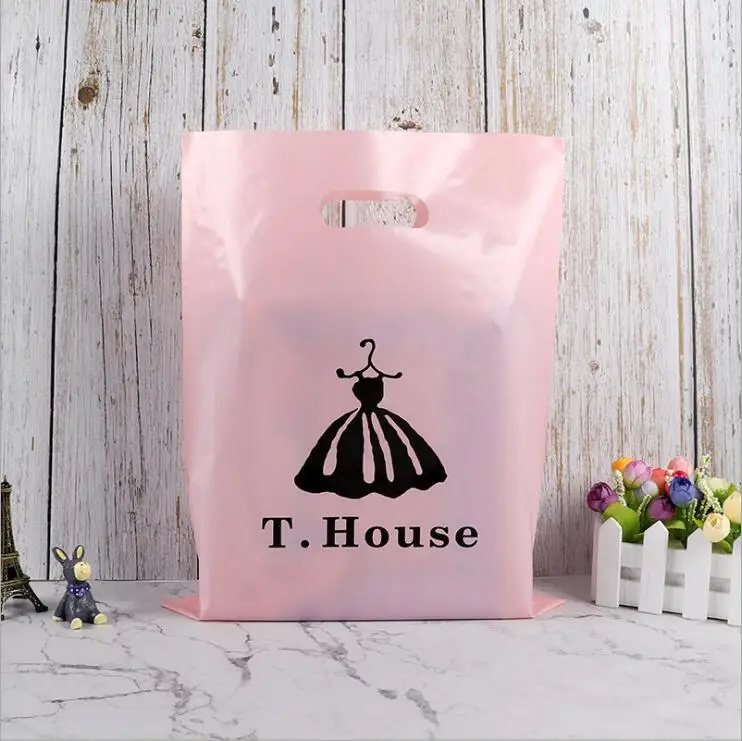 
customized plastic bags printed own logo, biodegradable plastic bags pink die cut handle 