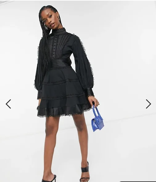 

DESIGN tiered mini dress with satin and lace trim detail in black