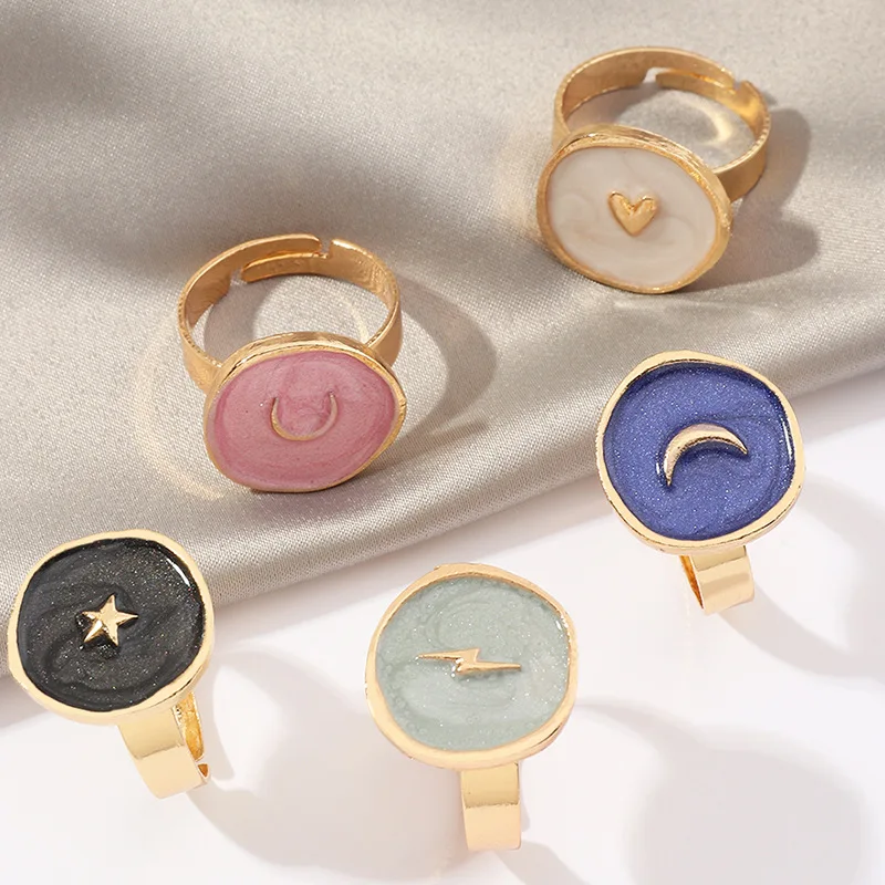 

Wholesale Fashion Colorful Heart Moon Star Rings Adjustable Rings For Women