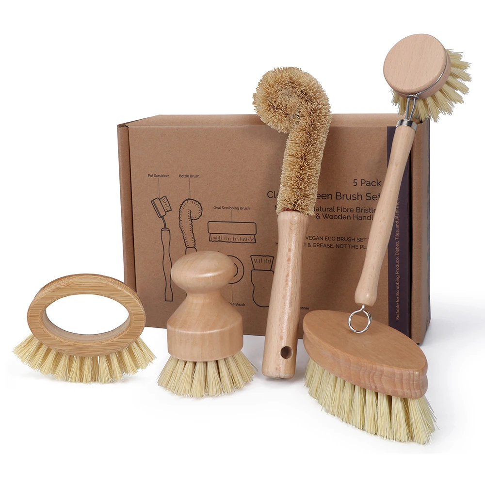 Masthome Ecofriendly 5pcs Kitchen Brush Set All Natural Fibre Wooden