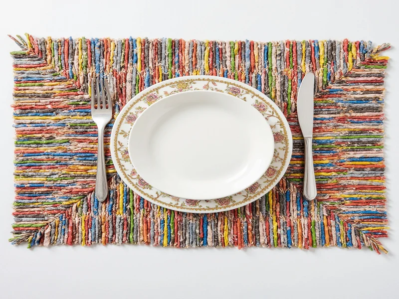 Colorful woven placemat made from recycled newspaper strips