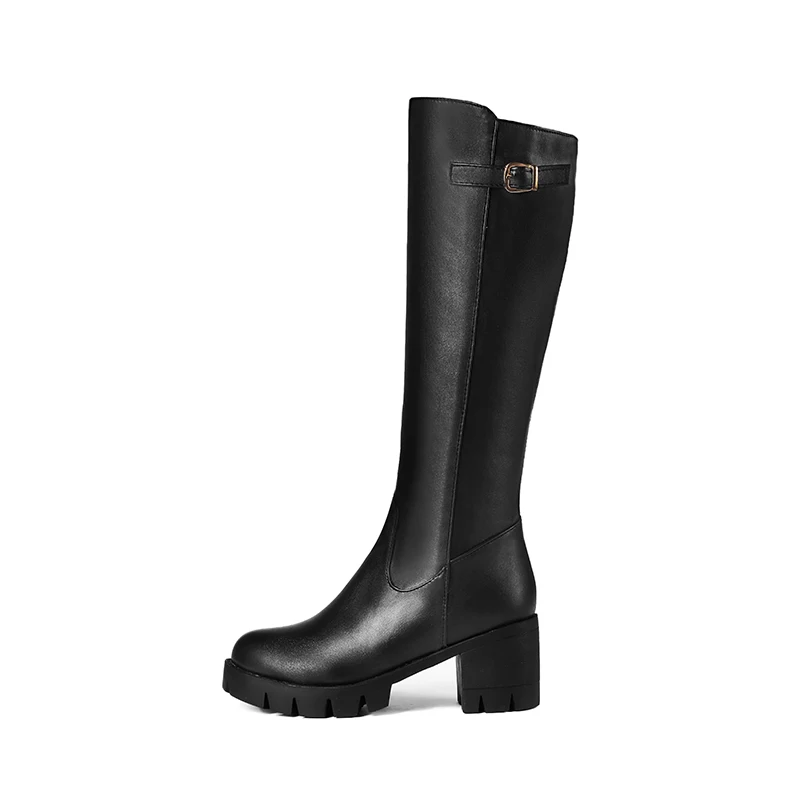 

New Style winter round head belt buckle High heels Side Zipper ladies' Knee boots