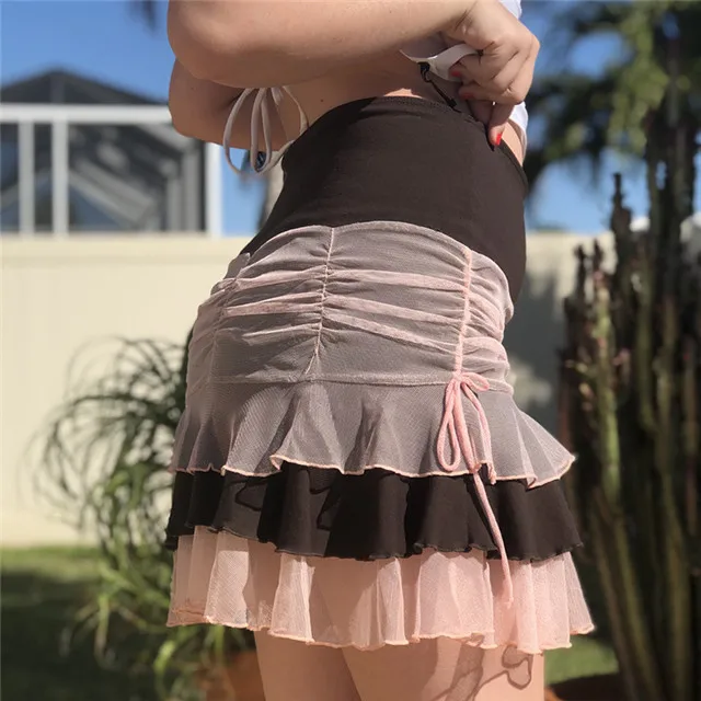 

Stitching Color Skirt 2021 Spring New Color Matching Multi-layer Pleated Sexy High Waist Fashion Skirts