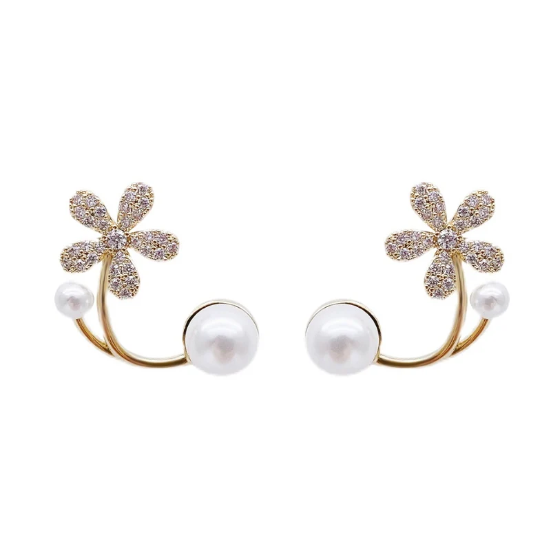 ED65414 Wholesale simple zircon petal pearl fashion silver post stud earrings 14K Gold Plated Women Jewelry