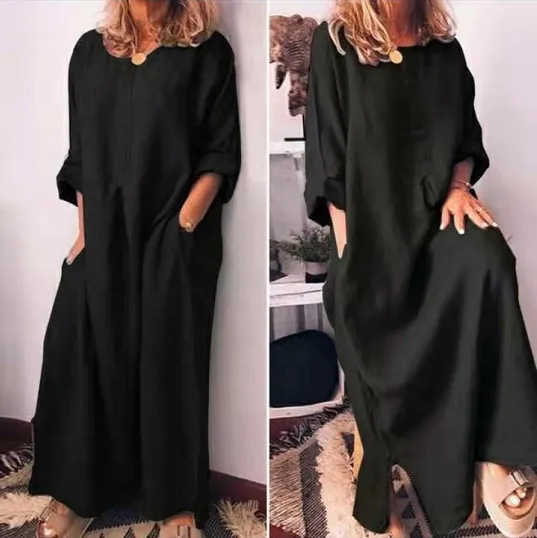 

Summer Plus Size T Shirt Dress Women Clothing Solid Casual Dress Long Sleeve Maxi Linen Dress Women Casual Clothes, Color