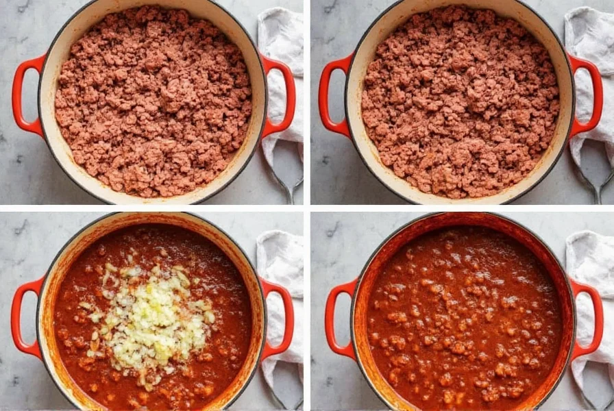 Step-by-step process of making homemade chili showing browning ground beef in a large pot with onions and garlic