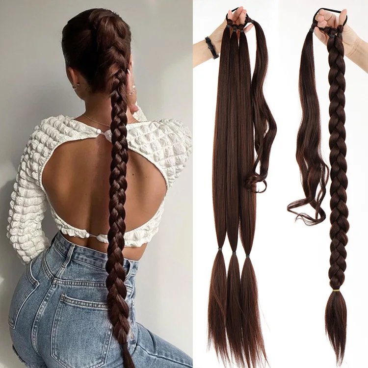 

Synthetic Long Braided Ponytail Hairpiece 32 inches Kinky Straight Ponytail for Women Dark brown Ponytail Hair Extension