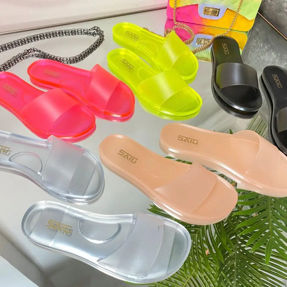 

2021 hot style transparent crystal slippers flat heel flip-flop for ladies MS62, Black