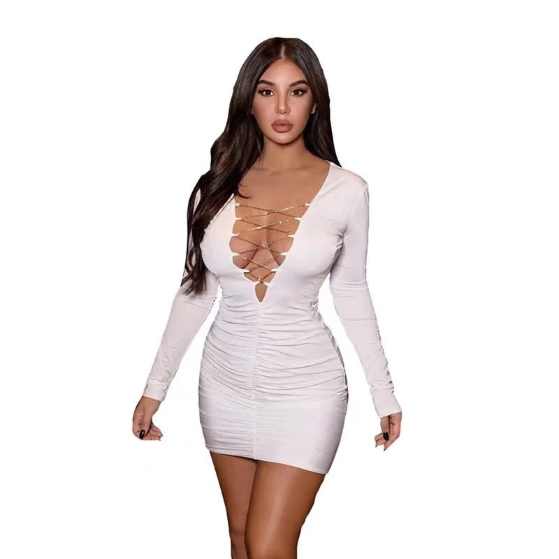 

DL09954 Women Sexy Deep V-neck Long Sleeve Stretch Bodycon Party Bandage Dresses