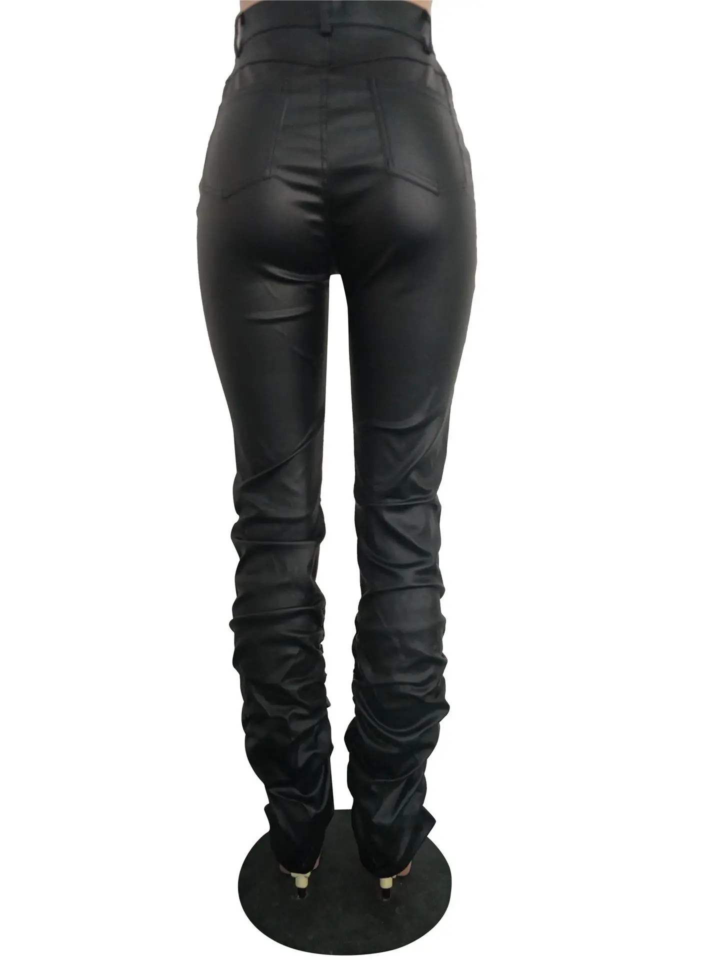 Faux Leather Pants for Women Flared Hem Winter Autumn Fall PU Ruched Bottoms for Ladies Sexy Club Fashion Pant RS00151