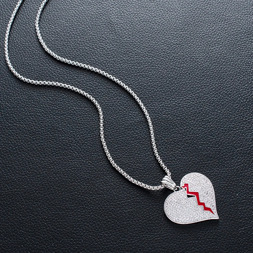 

Hip hop high quality tennis chain broken heart shape love charm zirconia heart necklace women, Steel