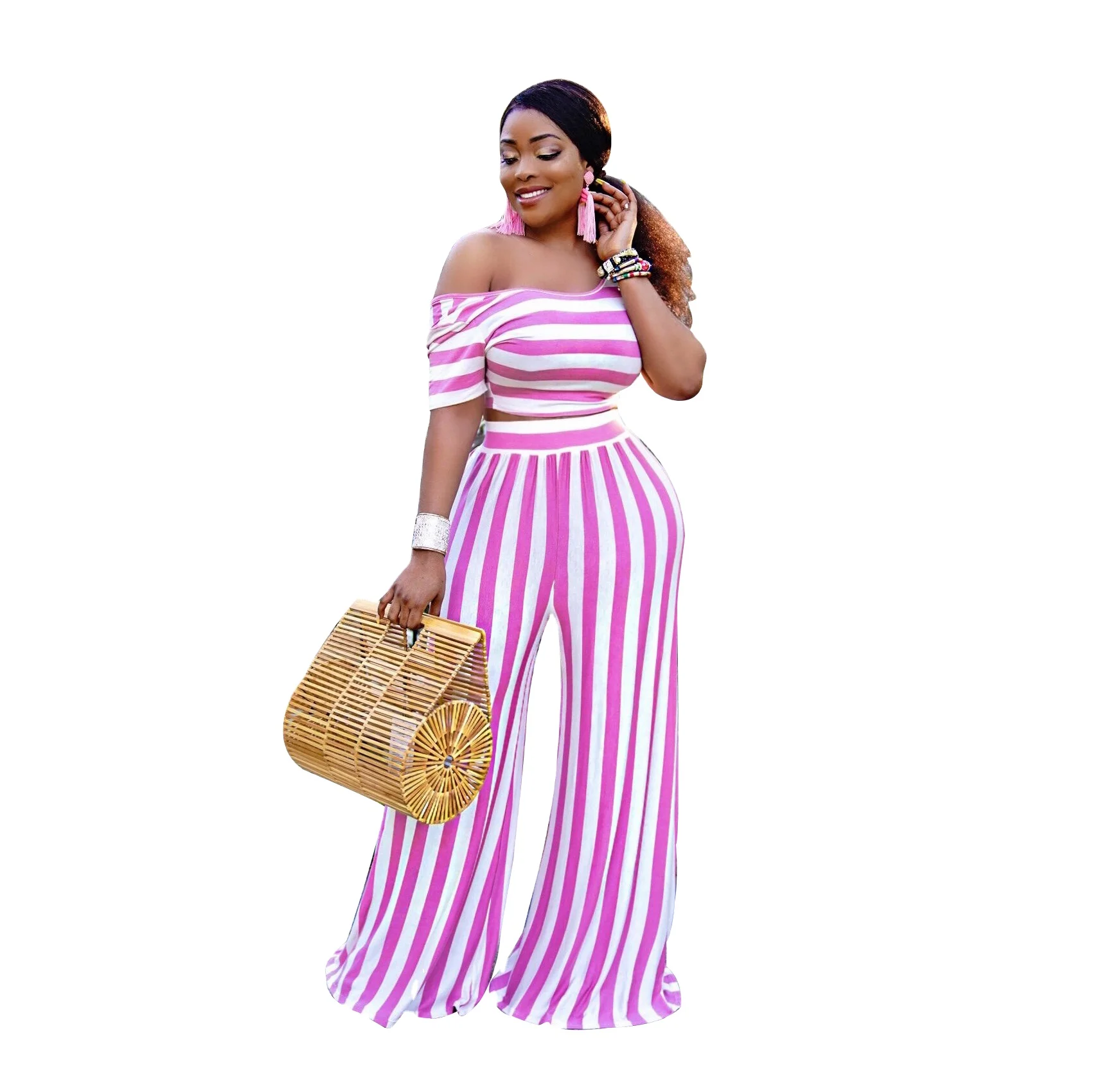 

Casual Striped 2 Piece Wide Leg Pants Set Inclined Shoulder Top Trousers Outfit