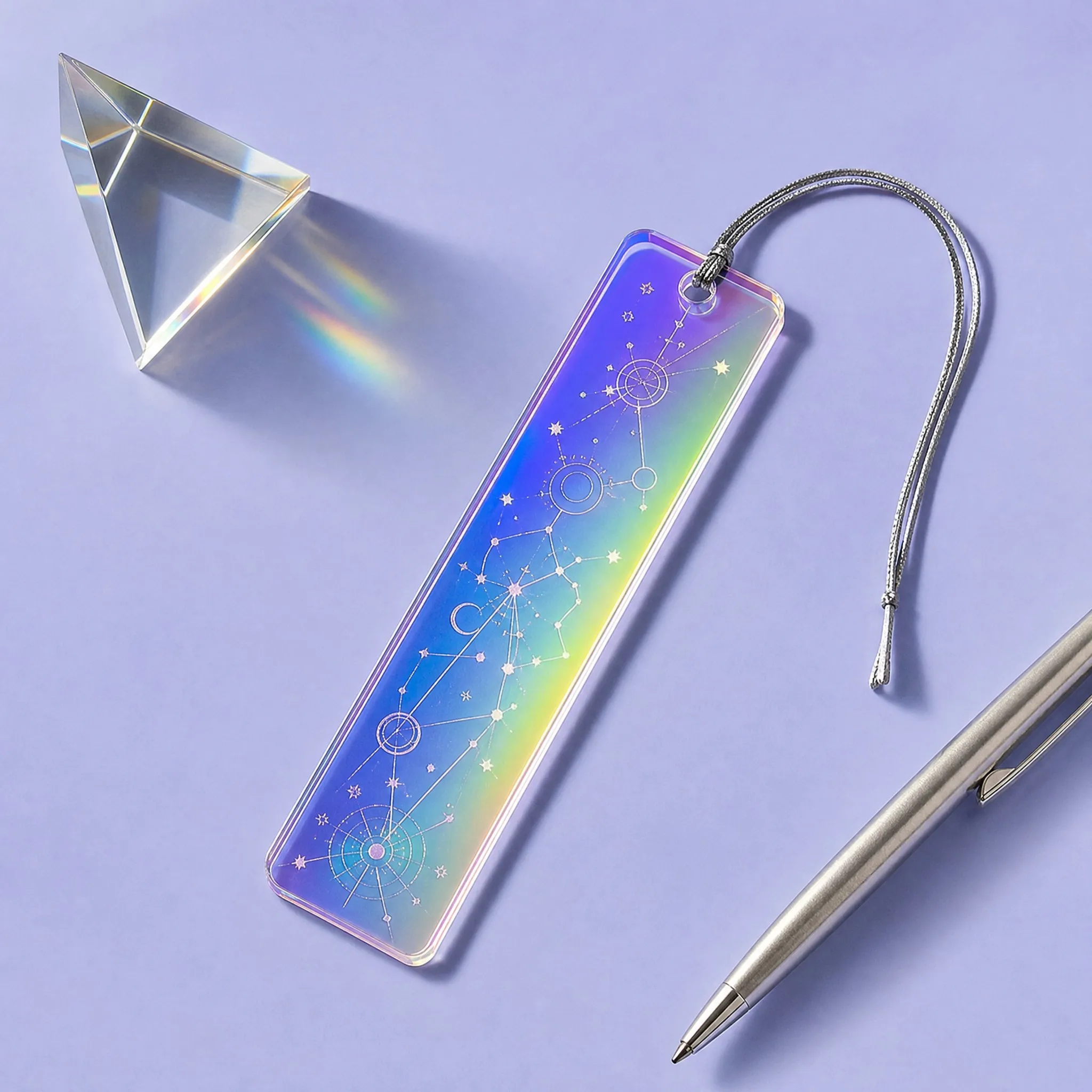 Custom Holographic Rainbow Iridescent Prism Acrylic Bookmark with Silver Foil Constellation