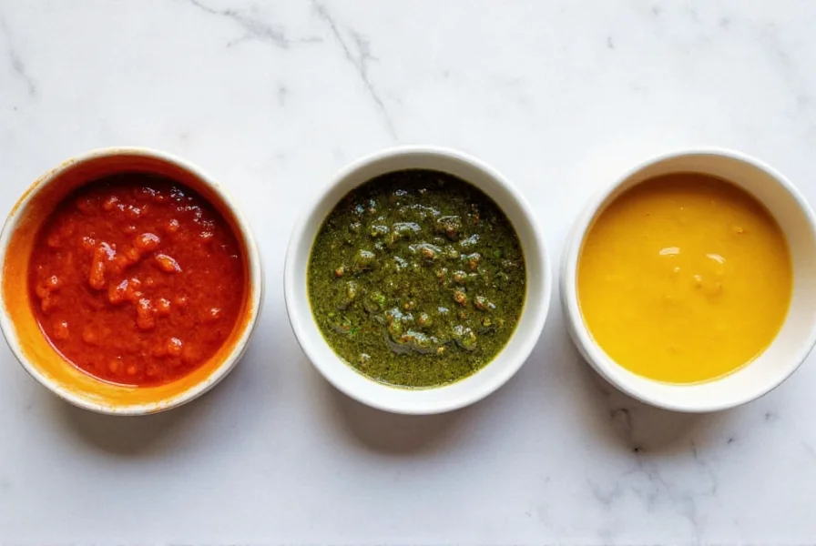 Three bowls showing red chili garlic sauce variations: traditional red, green herb-infused, and golden turmeric version