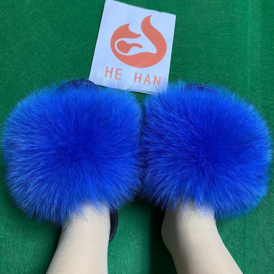 

Wholesale luxury ladies fur slippers can be customized logo real fluffy fox hair slippery oversized raccoon fur slippers, Pink,yellow,white,black,green,or custom