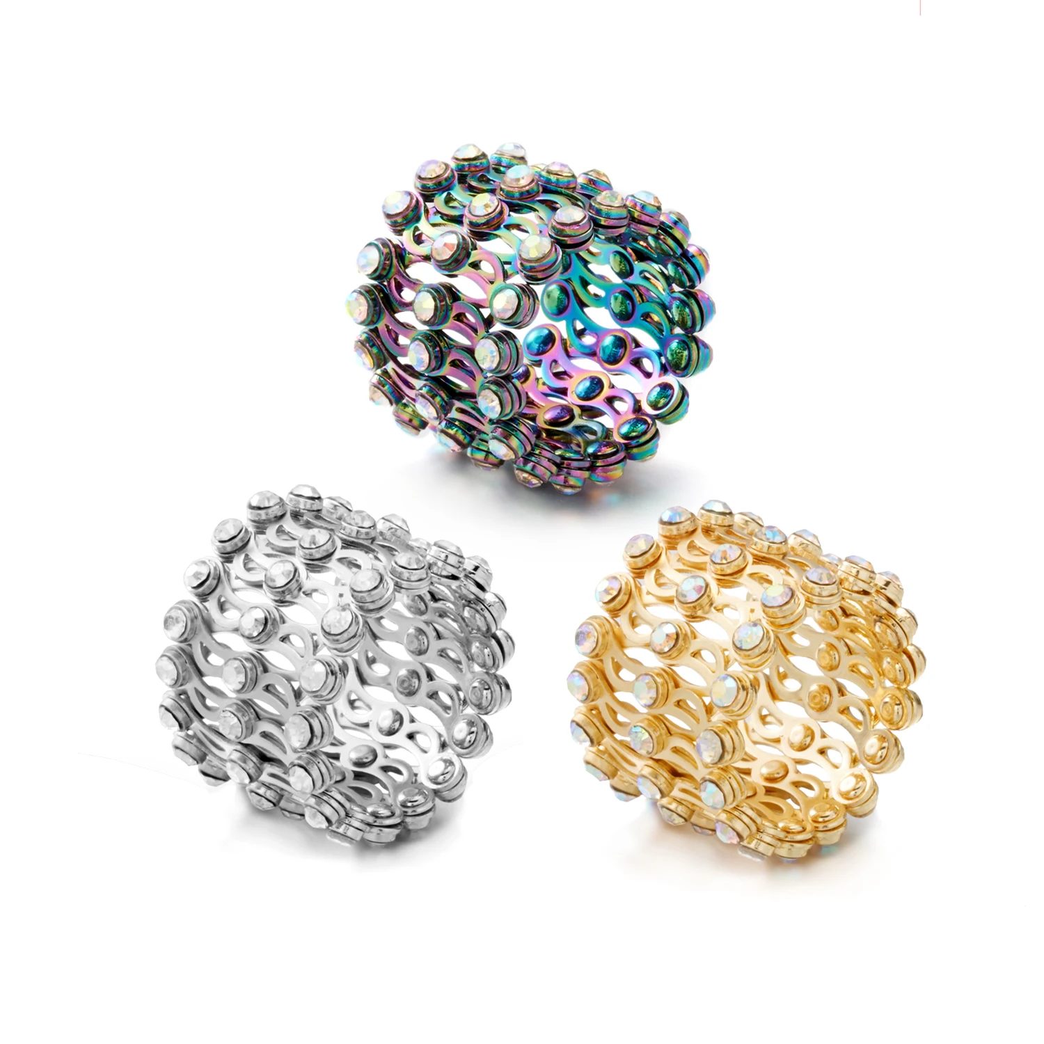 

Magic 3-in-1 Folding Retractable Ring Bracelet Brass CZ Bracelet Telescopic 18K Gold plated Rings Bracelet, Gold,silver,colorful