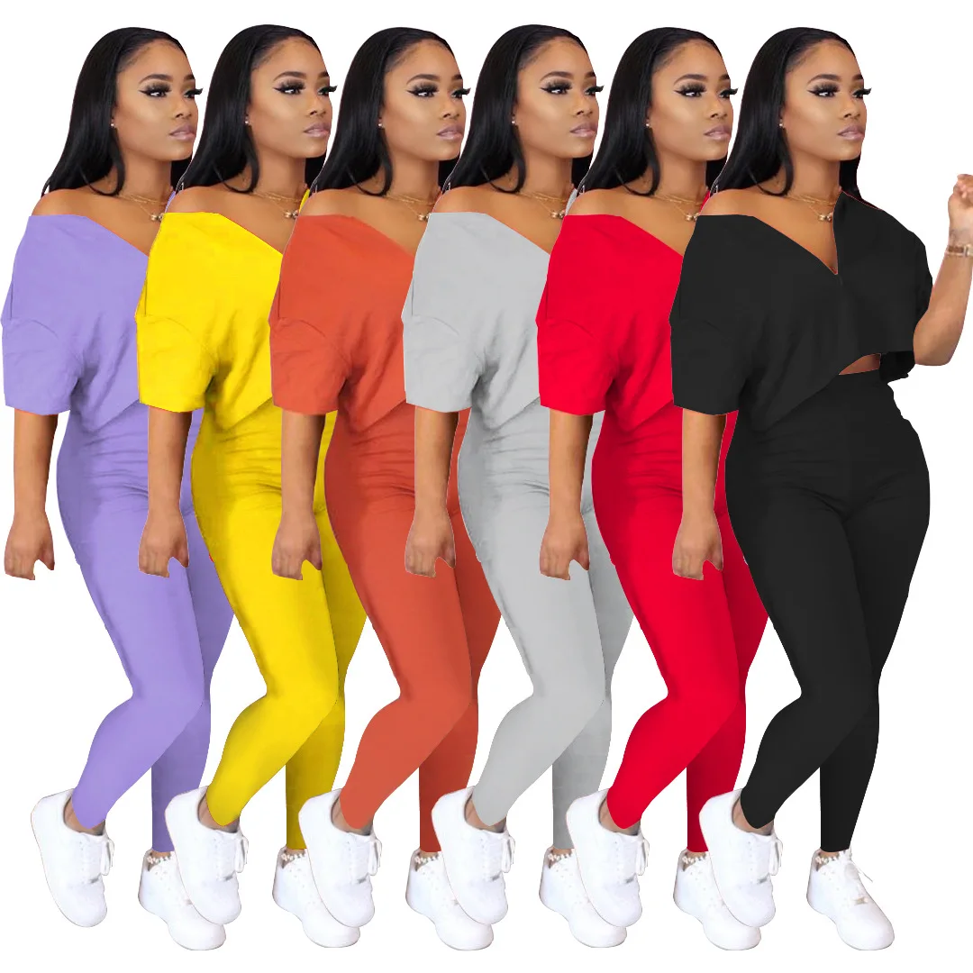 

Summer women clothing 2021 pure color sports suit zipper V-neck loose top high waist stretch pants two piece pants set plus size, Show