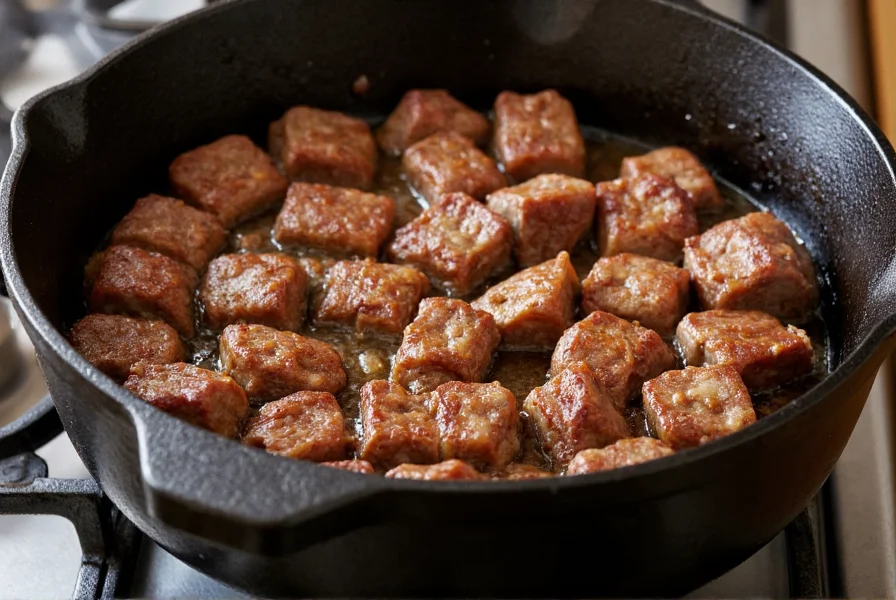 Cast iron pot with seared stew meat cubes browning on stove