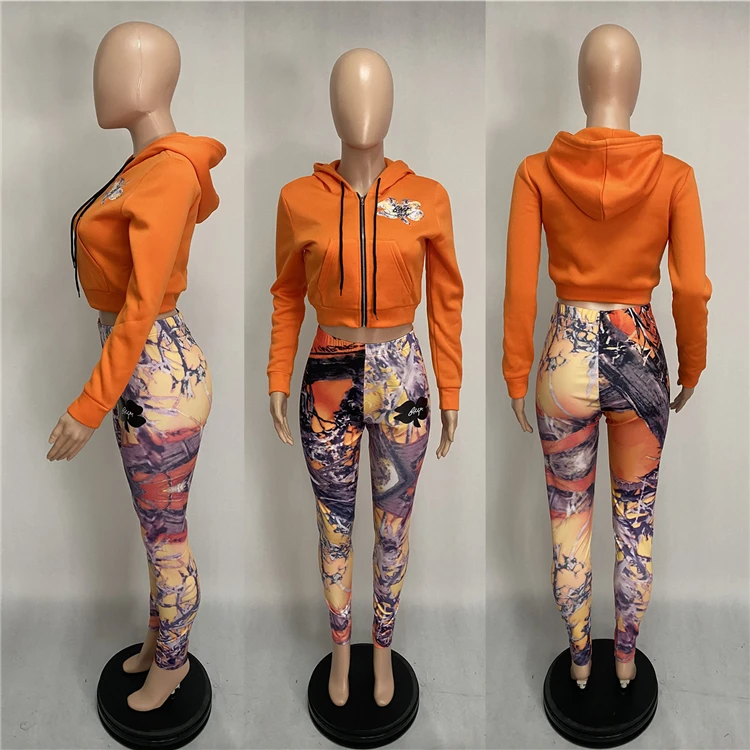 Latest Design Tendency Fashion Casual Hooied Top And Print Pants 2 Piece Set Women Two Piece Set Women Clothing