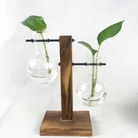 

Hanging clear glass flower vase with wood base