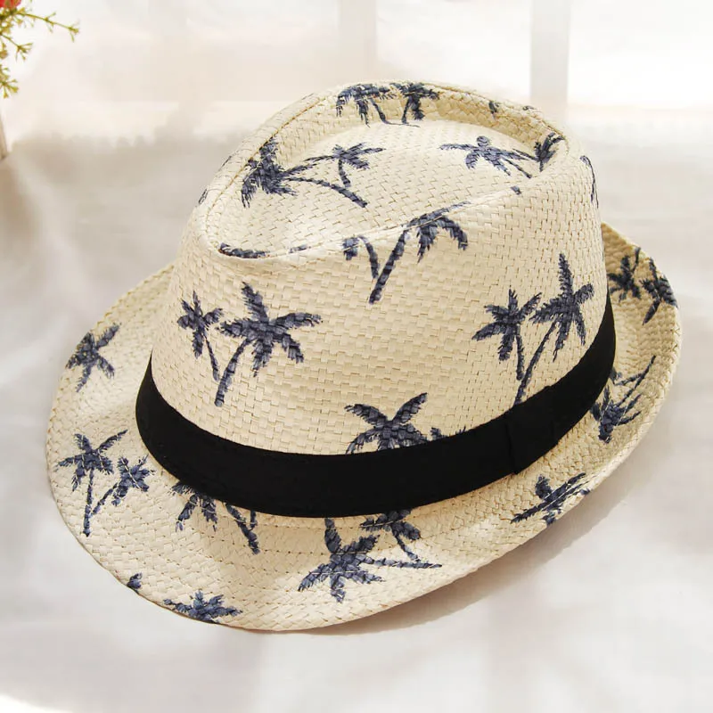 
Hot sales outdoor travelling coconut Leaf Print panama straw hat tree beach Fedora jazz straw Hat 