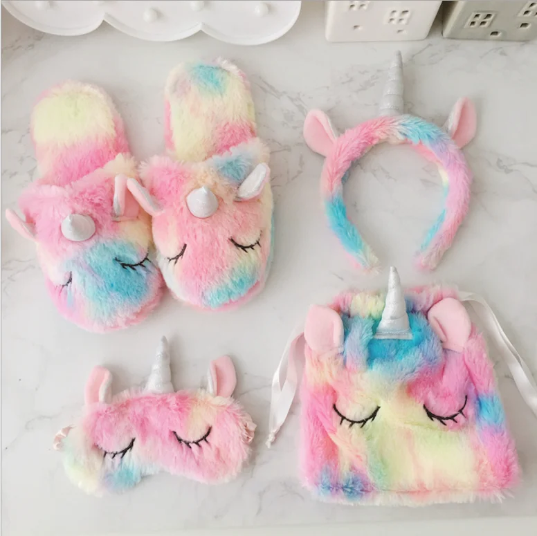 

Girl's birthday gift set with unicorn shoes, pouch, headband, eye patch unicorn slippers for women