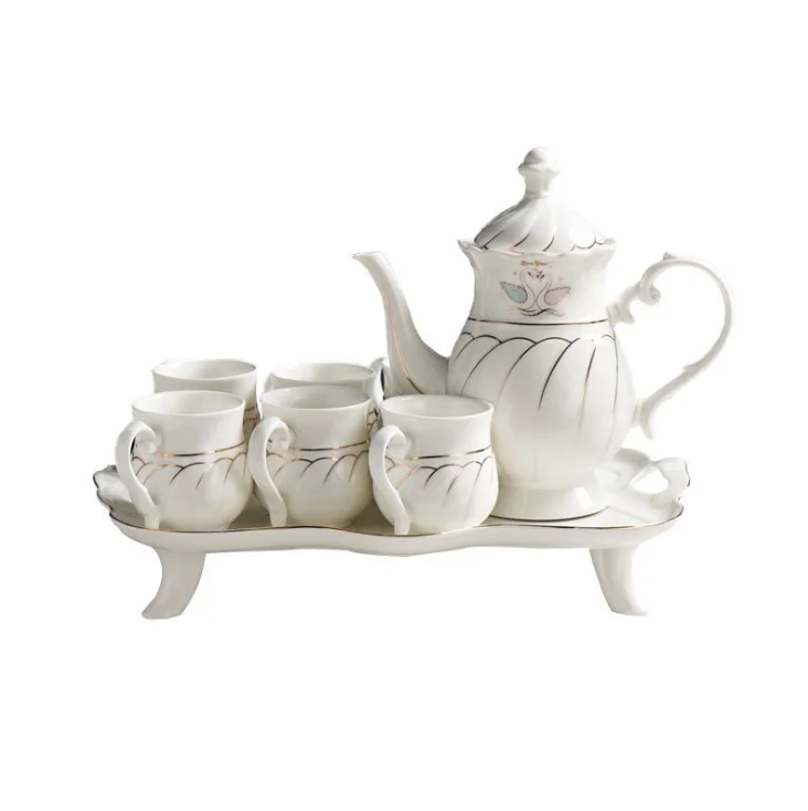 

High Quality Modern Style Luxury 8Pcs Ceramic Afternoon Tea Coffee Teapot and Cup Set For Gift, Flower pattern printed