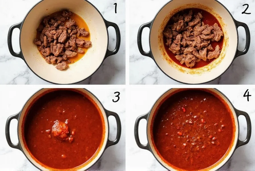 Step-by-step photos of homemade chili preparation showing meat browning, spice blooming, and final simmering stage