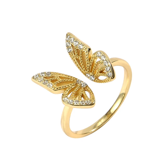 

Real Gold Plated CZ Cubic Zirconia Butterfly Rings 925 Sterling Silver Bling Rhinestone Crystal Butterfly Open Ring