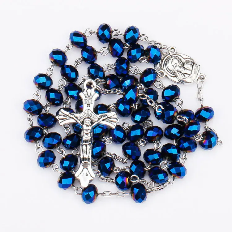 

New Deep Blue Crystal Beads Rosary Necklace Catholic Prayer Jerusalem Holy Soil Medal Cross Holy Land Antique Religious Rosaries