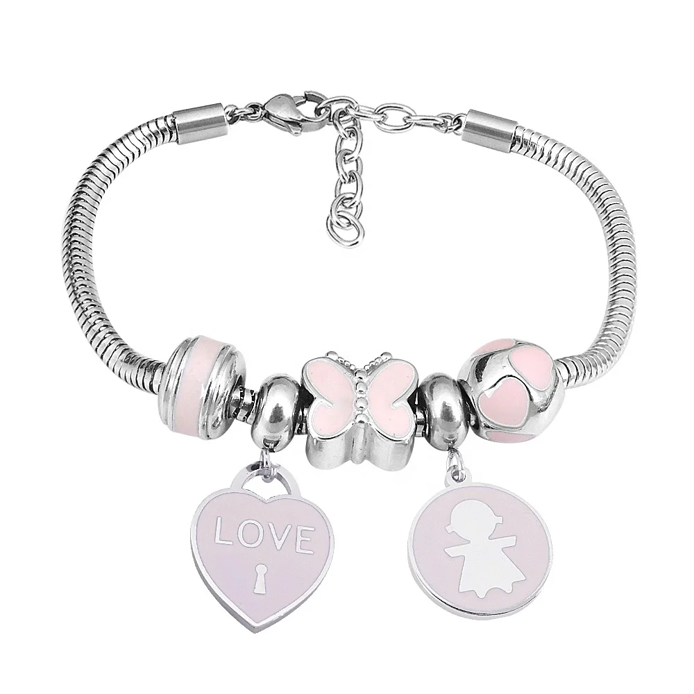 

Pink Love Letter Heart Shape Round Girl Pattern Accessory Bracelets, Silver