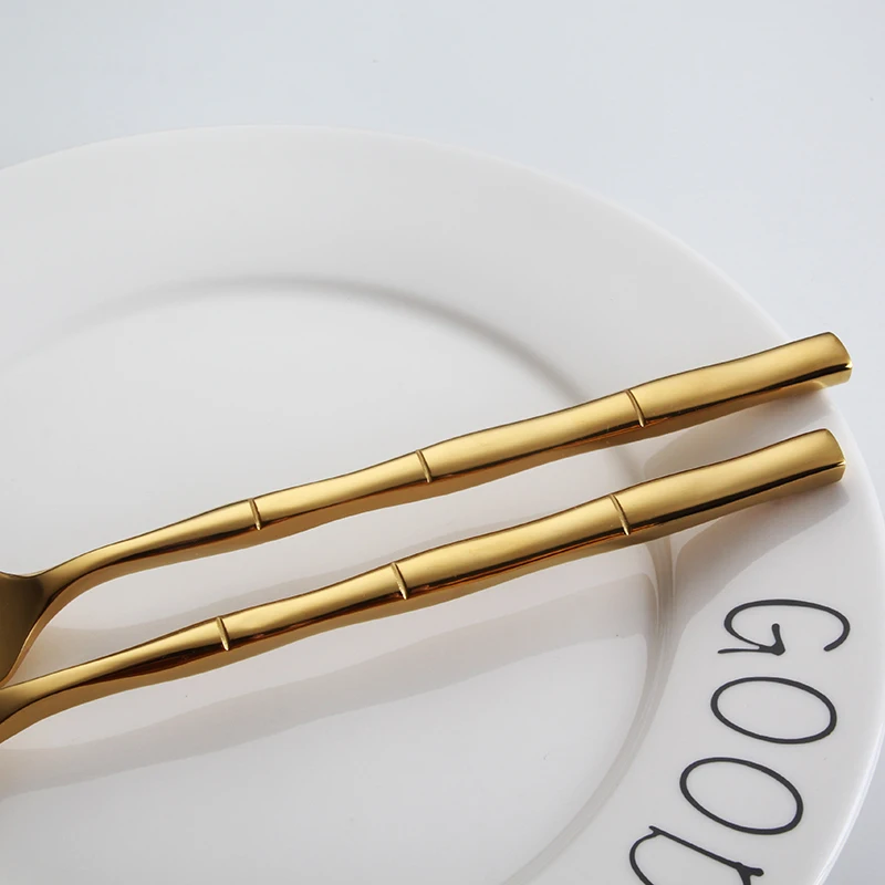 
Eco-Friendly 5 Pcs Gold Silver Flatware Set Bamboo Shape Handle Stainless Steel Luxury Cutlery Set 
