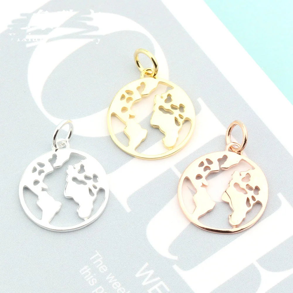 

Gold/Rose Gold/Silver Jewelry Finding Round Hollow Out 925 Sterling Silver World Earth Map Charms Pendant For Jewelry Making, Gold,silver,rose gold