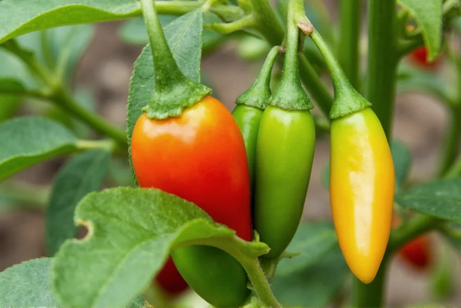 Close-up view of healthy pepper pods at various stages of development on plant showing green to red color transition