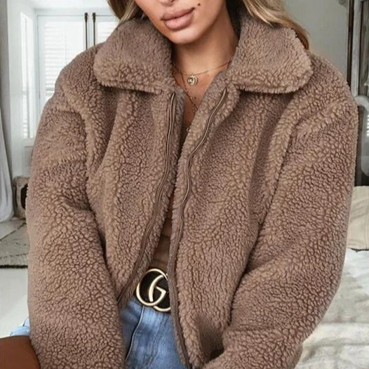 

New Collection Women Winter Plain Pocket Zipper Sherpa Fleece Heated Teddy Jacket, Customized color
