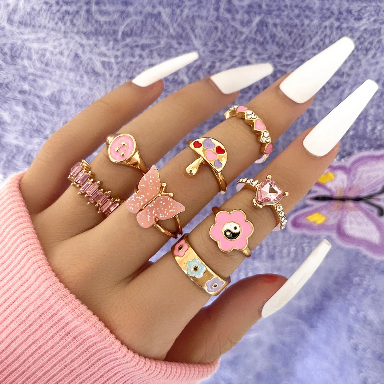 

Sindlan 8Pc/Set Vintage Butterfly Flower Punk Rings y2k Ring Set For Men Women Gold Plated Crystal Ring Set Jewelry, Gold color