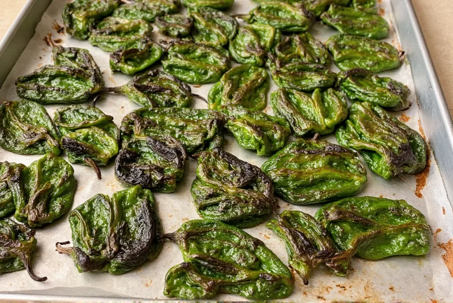 Roasted poblano peppers on a baking sheet with blackened skin ready for soup preparation