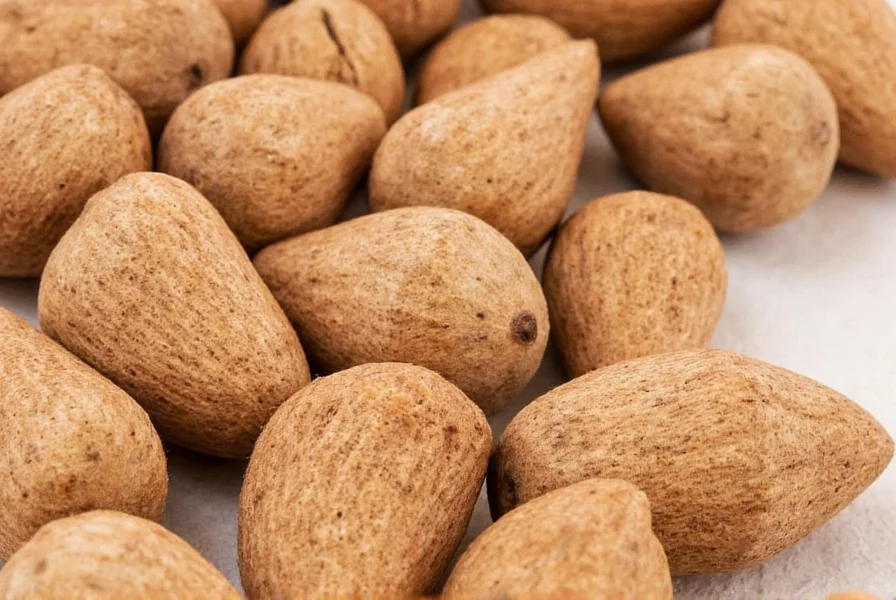 Close-up photograph of whole nutmeg seeds next to a nutmeg grater showing the brown oval seeds and fine grating process
