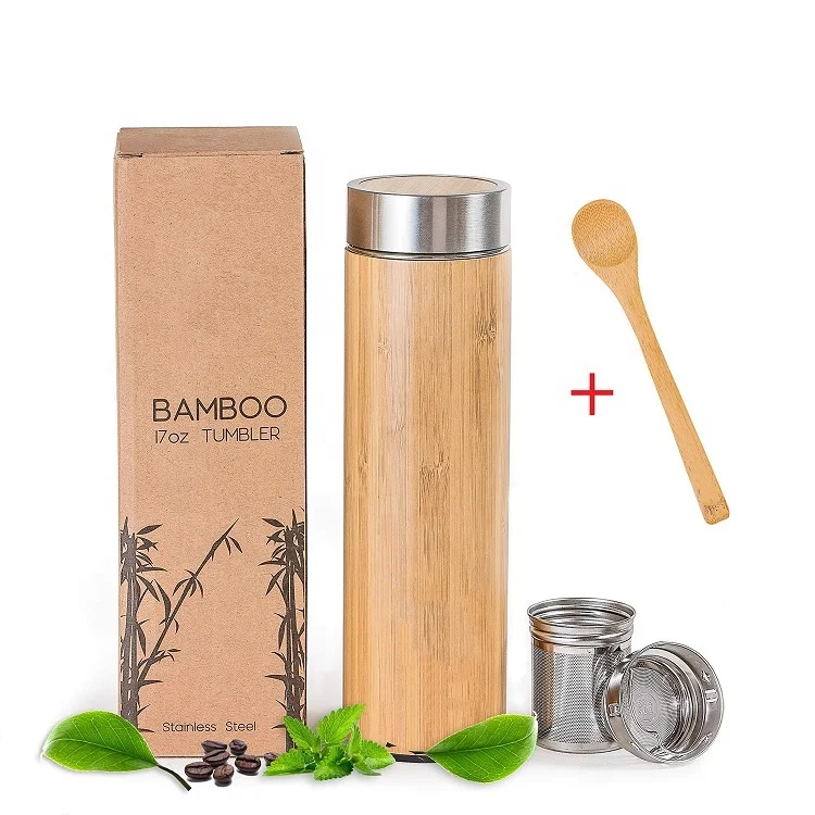 

Custom Logo Natural Bamboo Travel Water Eco Stainless Steel Water Bottle Bamboo