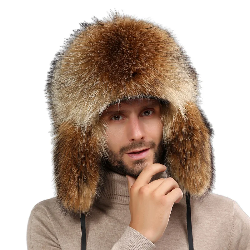 Raccoon Fur Trooper Hat Leather Brim