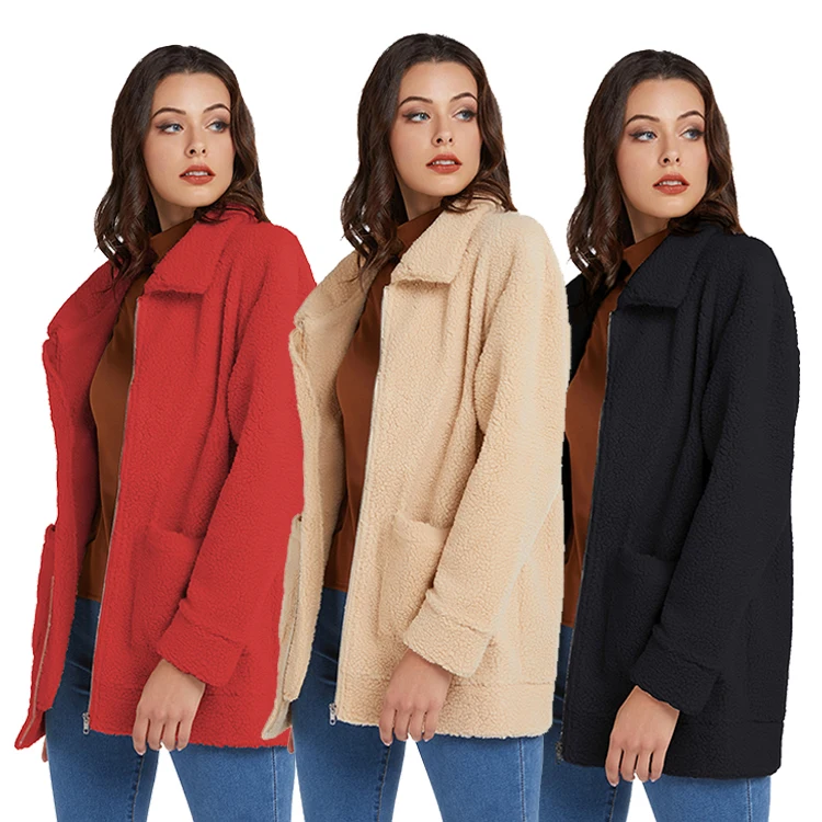 

GC---Women Winter Plush Coat 3 Color New Listing Fashion Long Sleeve Double Pocket Lapel Tops, As show