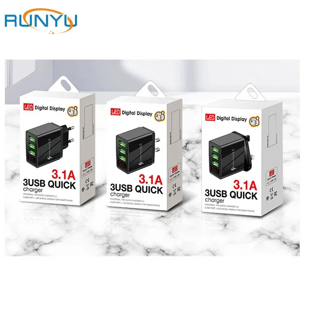 

LED digital display 3 port UK EU US plug fast charger for xiaomi samsung, Black/white