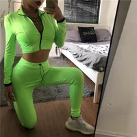 

wholesale fall women clothing winter neon green training jogging wear hoodie tracksuit set