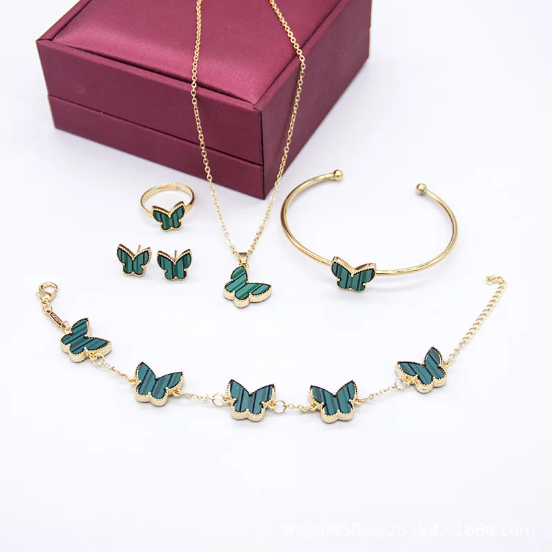 

5pcs/set trendy 18k gold plated clover necklace earring bracelet sets jewelry butterfly earrings and necklace set for women, 23 colors to choose