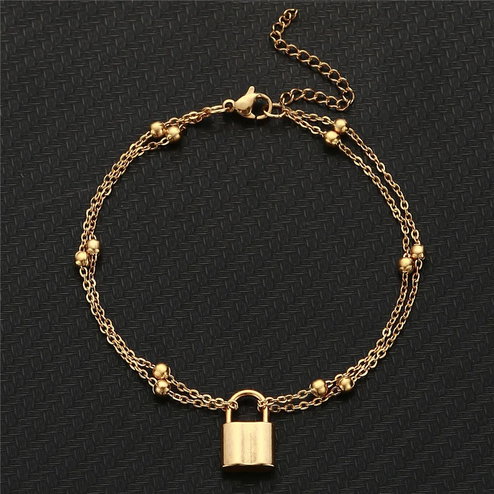 

Fade Resistant Double Layer Beads Chain Lock Shape Anklet Stainless Steel Padlock Pendant Ankle Bracelet Anklet Foot Jewelry