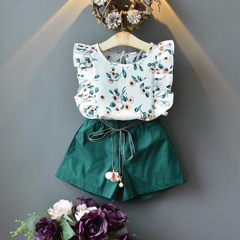 

Shunying OEM ropa para ninos new summer 2021 boutique Wholesale Girls' Sleeveless Clothing Sets, Green