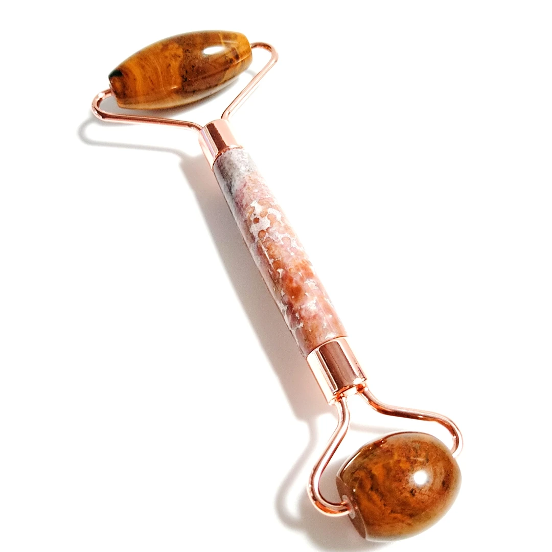 

Face Facial Roller Massager + Gua Sha Board Set 100% Natural Ocean agate Jade Stone Crystal.