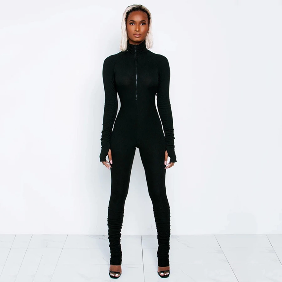 

2021 Spring Solid Long Sleeve Turtleneck Stretchy Fitness Rompers Jogger Bodycon Streetwear Sporty Casual Women Jumpsuits