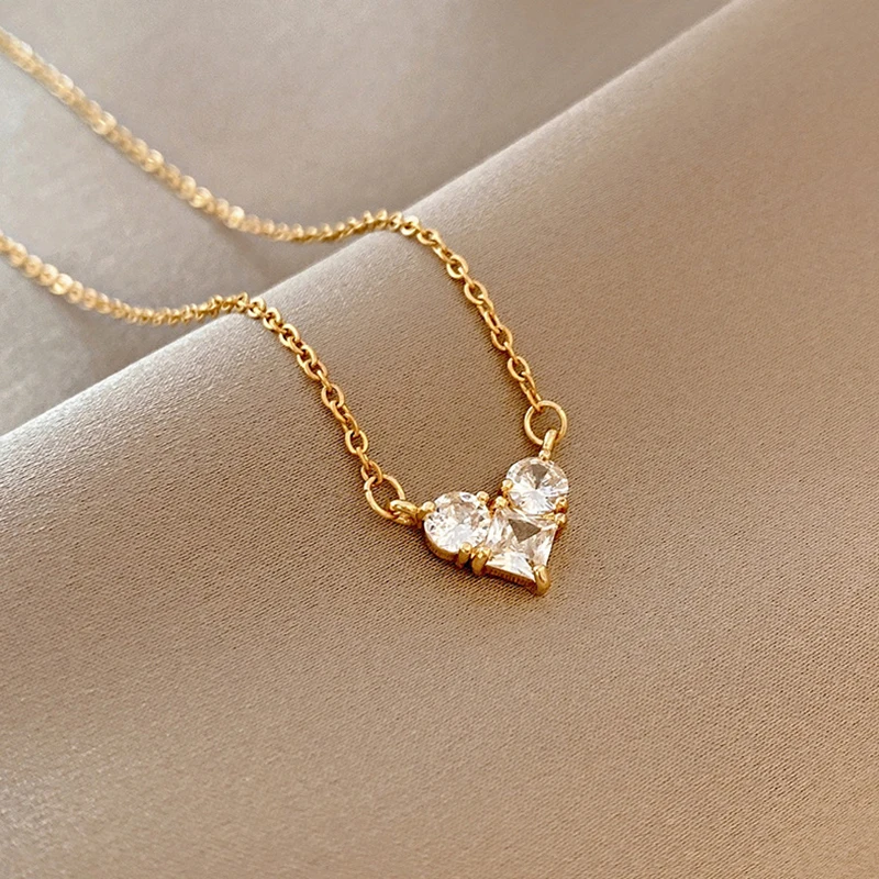 Dainty Zircon Heart Pendant Necklace For Women Gold Plated Copper Crystal Necklaces Jewelry