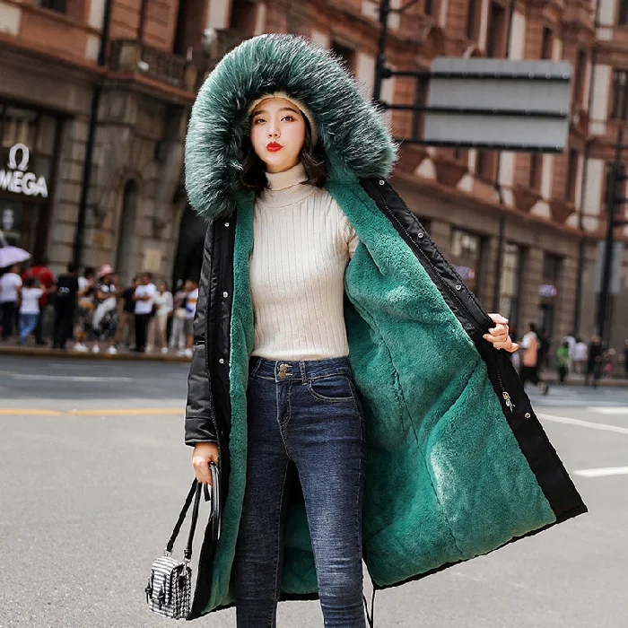 

Warm Winter Knee Long Outwear Thick Jacket Women Down Parka Coat with Fur Collar, Yellow, purple, green, black, rose, blue